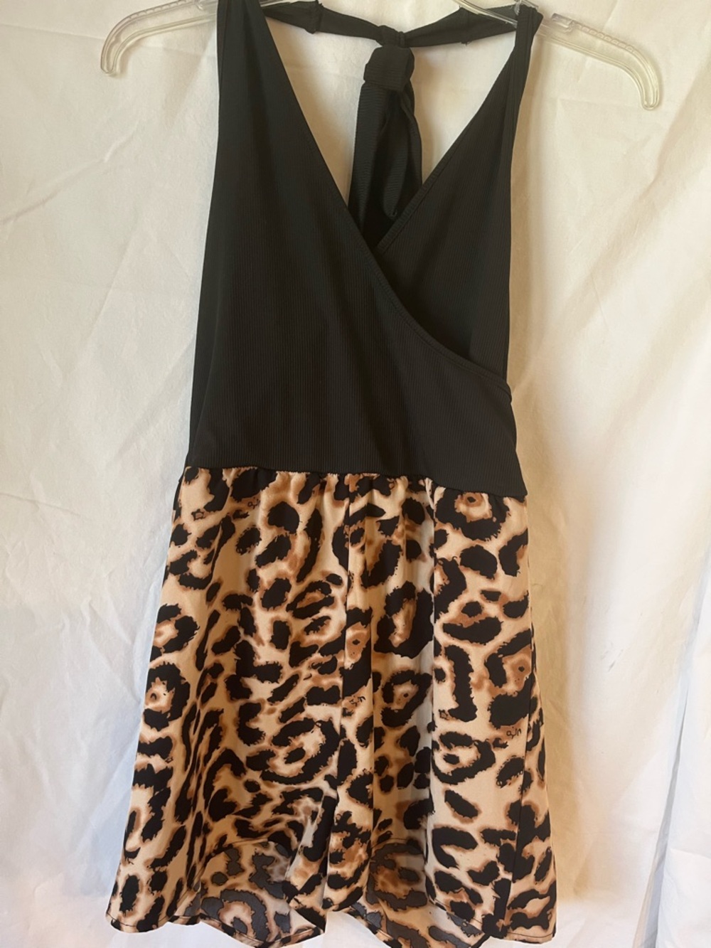Black Halter Romper with Leopard Print Skirt